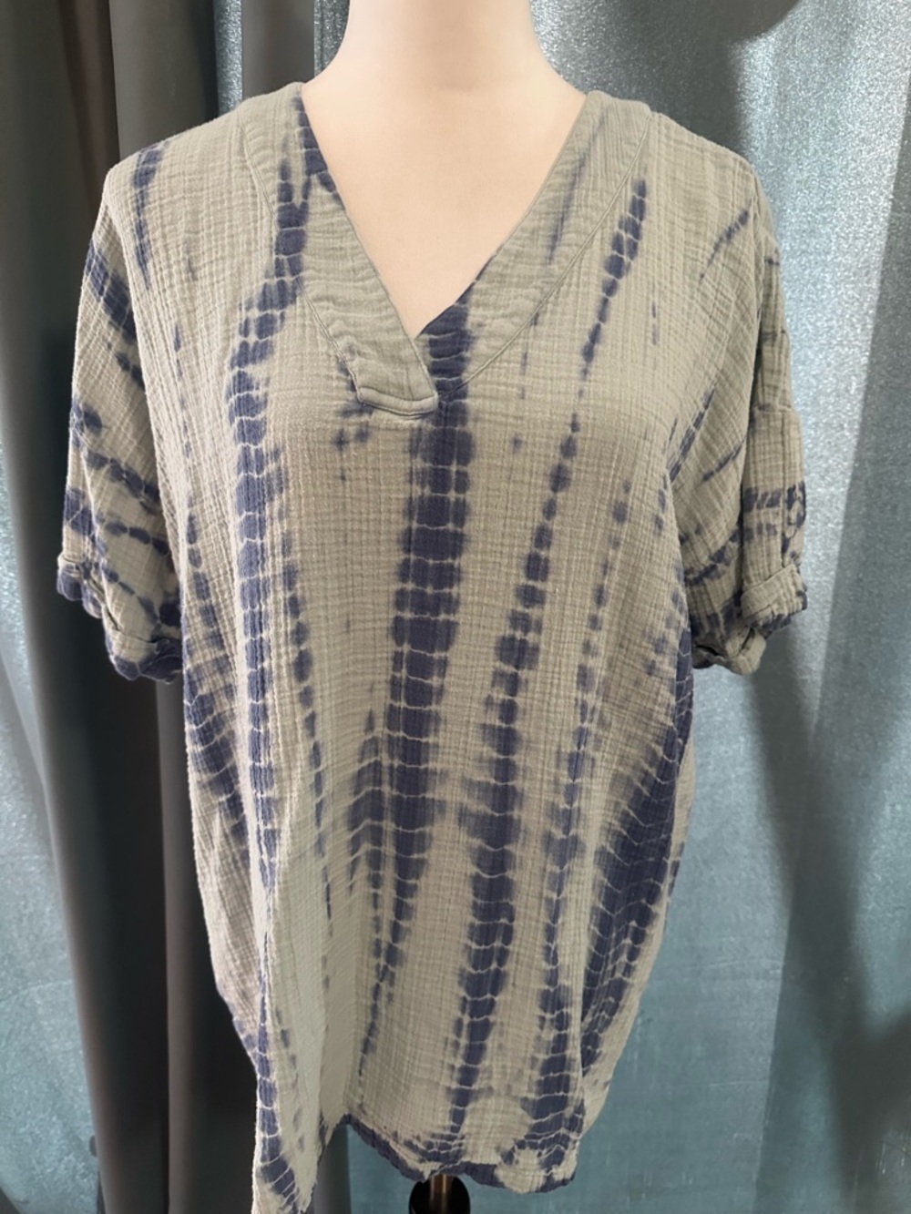 Pure Jill Women’s Medium Tie Dye Gauze Top Blue Gray 100% Cotton Short Sleeve